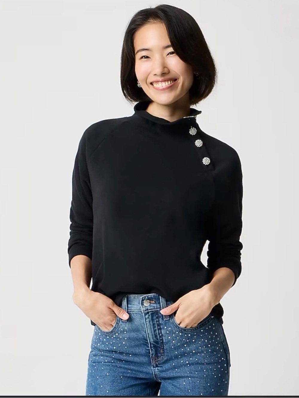 J.Crew Womens M Black Mock Neck Sweatshirt Jeweled Buttons Funnel Neck Pullover